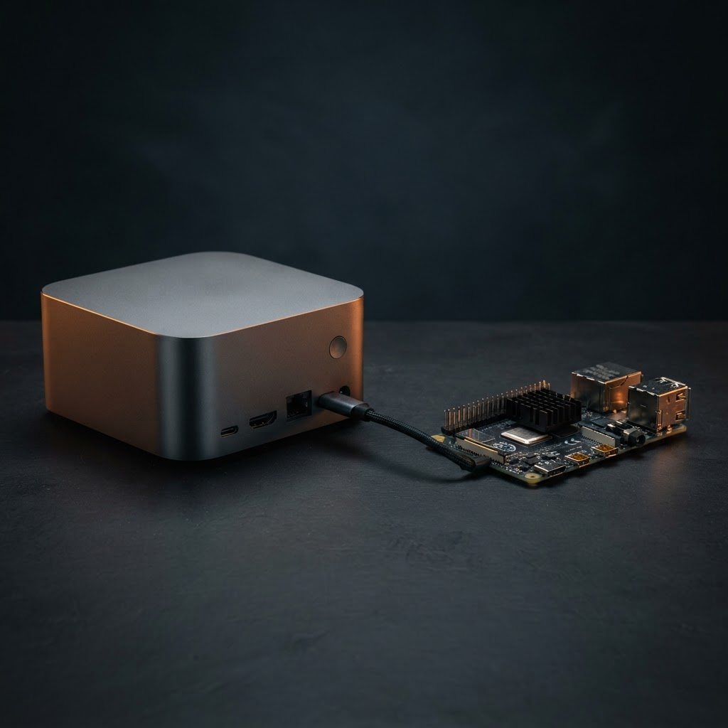 Компактный ИИ-сервер на Apple Silicon, соединённый с одноплатным компьютером Raspberry Pi